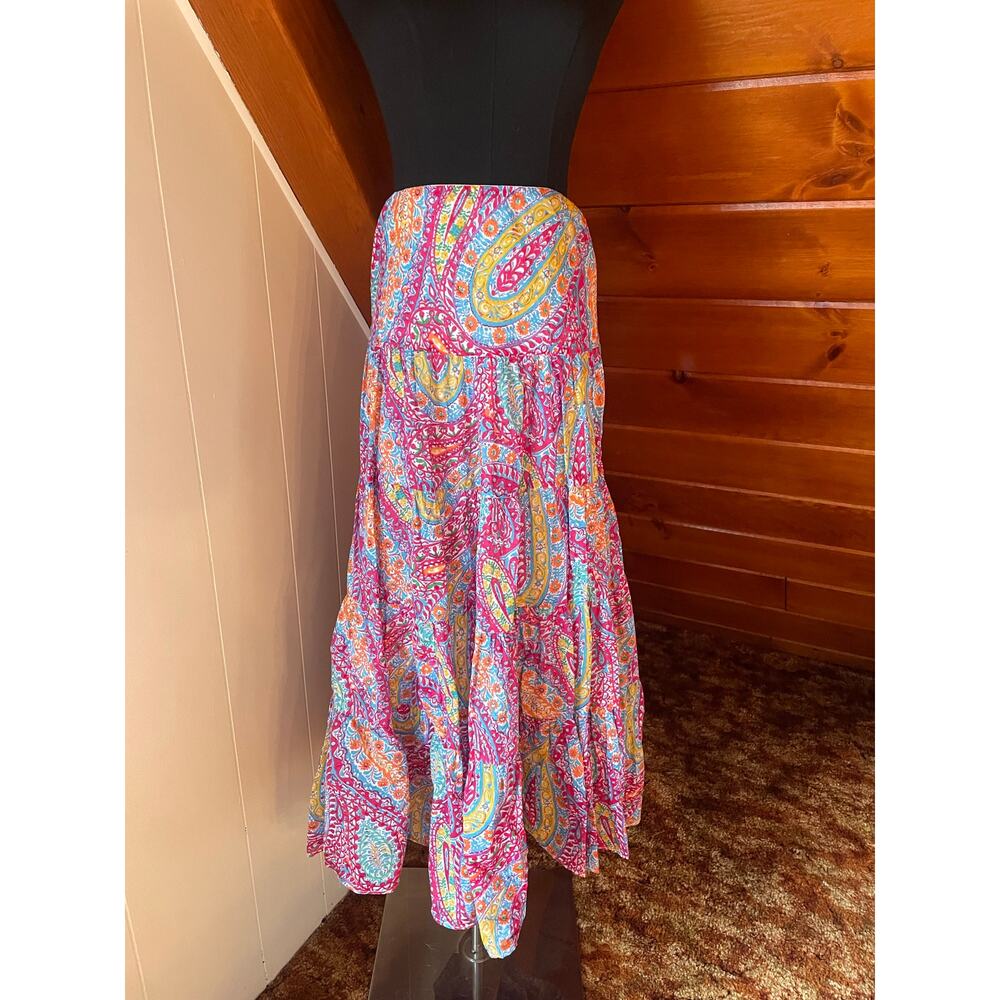 Lauren Ralph Lauren Paisley Multicolor Tiered Boho Cotton Maxi Skirt sz XS